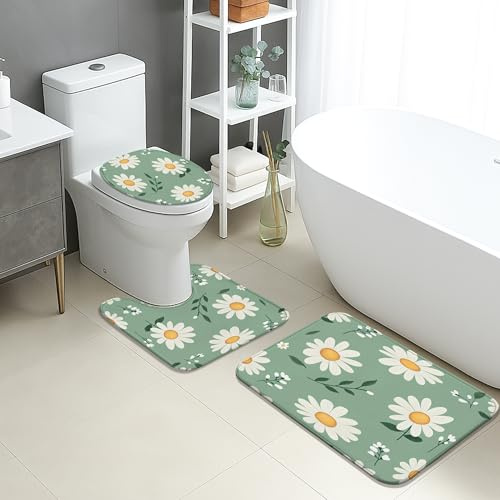 Juego de tapetes de baño de primavera de 3 piezas, diseño floral de crisantemo verde absorbente, antideslizante, en forma de U, lavable, inspirado en la naturaleza, juego de alfombras de baño de
