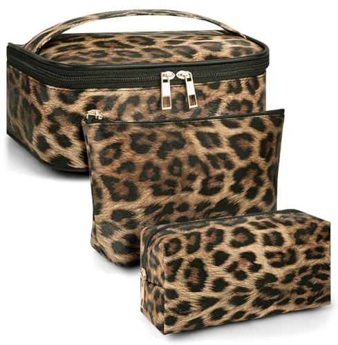Adiwo 3 Stück Kosmetiktasche Damen, Kulturtasche Mädchen,Reise Kulturbeutel mit Griff,Tragbare Schminktasche Waschtasche Make Up Tasche Cosmetic Bag,Wasserdicht Travelcosmetic,Beautycase Set (Leopard)