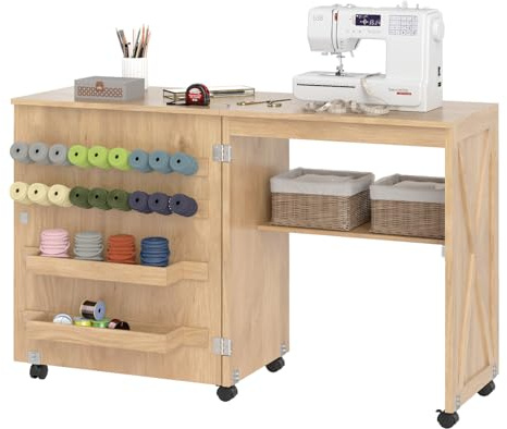 RELAX4LIFE Table de Couture Pliante avec 3 Compartiments, roulettes Verrouillables, Etagère de Rangement, Armoire pour Machine à Coudre Peu Encombrante pour Aiguilles Fils et Ciseaux (Naturel)