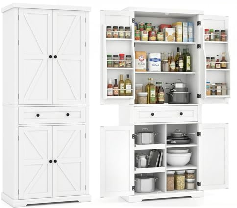 COSTWAY 184cm Tall Kitchen Cupboard, 4-Door Buffet Pantry Storage Cabinet with 4 Adjustable Shelves, Drawer, 6 Door Shelves & 2 Sliding Trays, Freestanding Sideboard Organizer for Dining Living Room