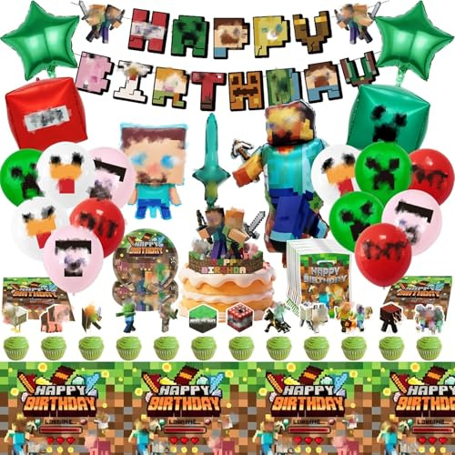 Birthday Party Decorations Tableware Supplies, 74pcs Cartoon Happy Birthday Decorations with Banner, Foil Balloons, Cake Topper, Plates, Napkins, Tablecloth, Party Bags