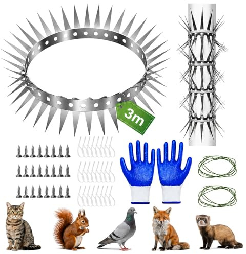 JVHLOV Pinchos Antipalomas 300 cm de Acero Inoxidable, Barrera Anti Trepado | Para martas, gatos y mapaches, con accesorios para bajantes, canalones, jardín y balcón