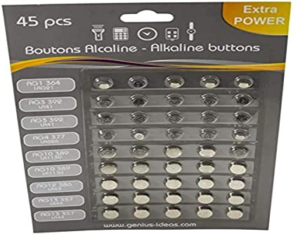 Knopfzellen / Uhrbatterien LR44, LR41, LR1130, LR621, LR43, LR626, 45 Teile Vorteilspack