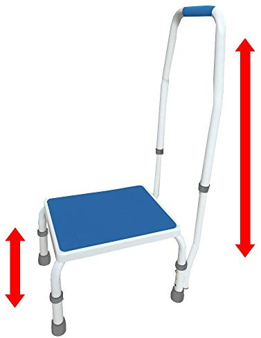 Platinum Health AdjustaStep(tm) Deluxe Step Stool/Footstool with Handle/Handrail, Height Adjustable. Modern White/Blue Design. Padded Non-Slip Handle. 300 lb. Capacity
