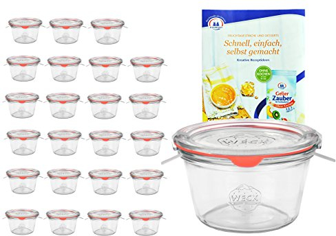 MamboCat 24er Set Weck Gläser 370ml 1/4 Liter Sturzgläser mit 24 Glasdeckeln, 24 Einkochringen und 48 Klammern inkl. Diamant-Zucker Gelierzauber Rezeptheft I Original Weck Sturzgläser