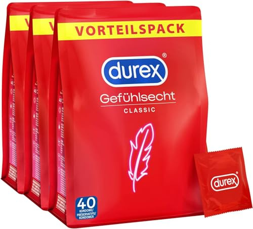 Durex Gefühlsecht Classic Kondome – Perfekter Sitz & leichtes Abrollen – Dünn, befeuchtet, transparent, angenehmer Geruch – 120er Pack (3 x 40 Stück)