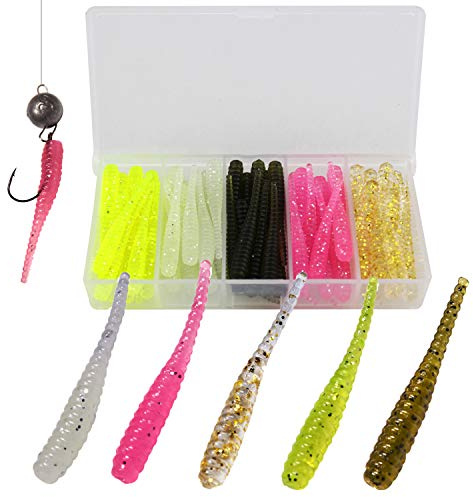 QualyQualy Soft Plastick Fishing Lures Artificial Bait Grub Worms Ice Fishing Bait for Crappie Walleye Bass Trout 1.3in 50pcs