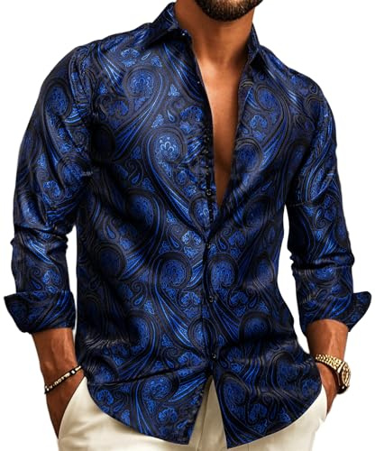 Barry.Wang Camisas de vestir para hombre, de seda, de cachemira, manga larga, con botones, para ocio, boda, fiesta, baile de graduación, azul oscuro, XL