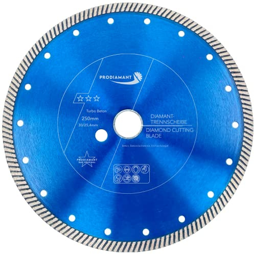 PRODIAMANT Premium Diamant‑Trennscheibe Beton Turbo Ø 250 mm x 30/25,4 mm – für Beton und Baustoffe, turbosegmentiert, schneller Schnitt mit hoher Standzeit, passend für Tischsägen
