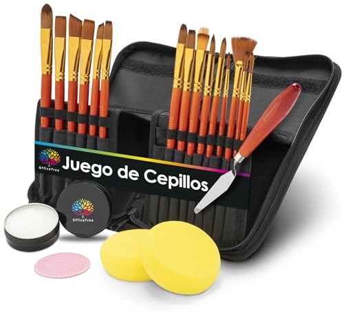 OfficeTree Set di 20 pennelli acrilici con sapone e custodia, spugne e coltello da pallet, per tela, colori acrilici e ad olio, acquerello e gouache