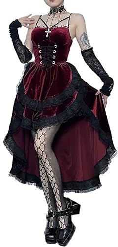 Goth Gothic Hi Low Swing Cocktail Party Dress Women's Vintage Goth Lace Smocked Elastic Waist Pleated Flowy Bodycon Dresses Red