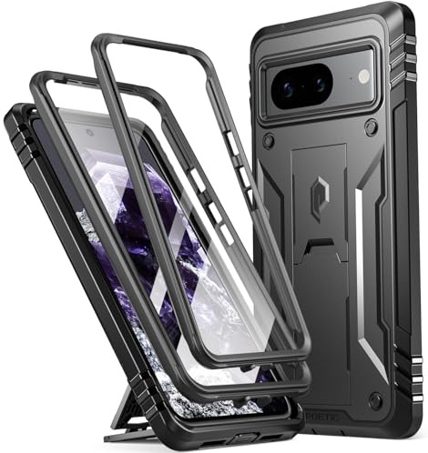 Poetic Revolution Hülle Kompatibel mit Pixel 8 5G 6,2 Zoll, [20 Fuß Mil-Grade Falltest], robuste, stoßfeste Ganzkörper-Schutzhülle mit Ständer und integriertem Displayschutz, Schwarz