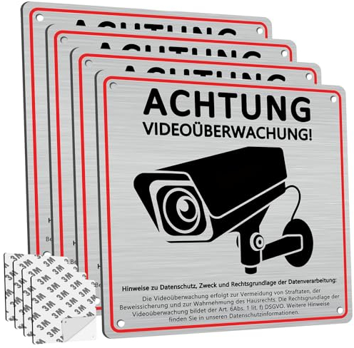 4 Stück Achtung Videoüberwachung Schild Privatgrundstück mit DSGVO Hinweis, 15x15cm, Gebürstetes Aluminium, Selbstklebend und 4 Bohrlöcher, Kamera Überwachung Schild, Hinweisschild Videoüberwachung