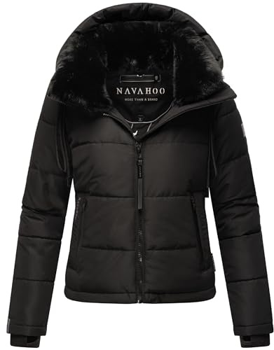 Navahoo Damen Winterjacke Steppjacke warm mit Abnehmbarer Kapuze und Kunstfellkragen Mit Liebe XIV Black Gr. L