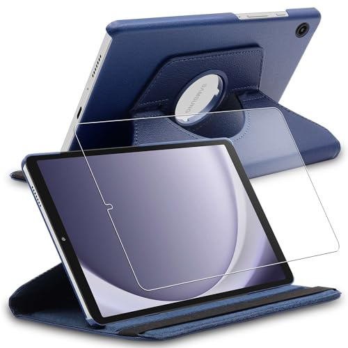 ebestStar - Hülle für Samsung Galaxy Tab A9 8.7 SM-X110 (2023), Drehbar Schutzhülle, PU-Lederhülle, Rotierende Ständer Etui, Rotating Case Cover, Dunkelblau + Panzer Schutz Glas