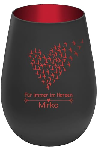 Trauerlicht Gedenklicht mit Gravur - Schwarz/Rot - Windlicht personalisierbar mit Name - Höhe 12 cm - Glas Teelichthalter Mensch Haustier
