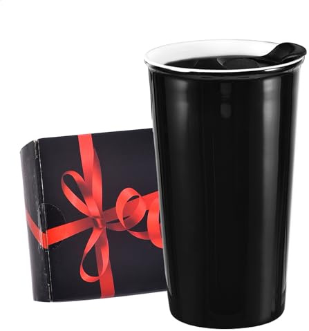 Ceramic Travel Mug, 12oz Unique To Go Coffee Mugs with Splash Resistant Lid and Color Box, Reusable Double Wall Black Mug Porcelain Coffee Cup, Gifts for Women Men Her Him, Black