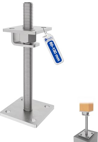 GeZu Impex Pfostenträger Hans Höhenverstellbar M24 x 150 mm, 80 x 80 mm Zinklamellenbeschichtet Verstellbar Stützenfuß Pfostenschuh Pfostenhalter