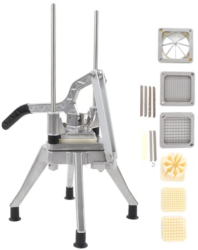 French Fries Cutter Veggie Chopper and Wedger Manual Vegetable Fruit Chopper Pull Down Handle Professional Vegetable Fruit Chopper Cutter with Four Blades 1/2in 3/8in 1/4in
