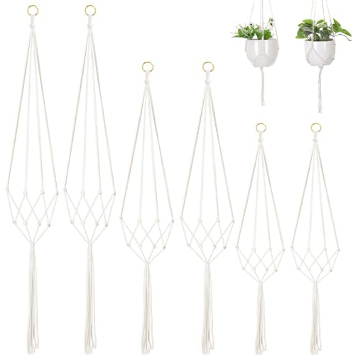Pizens 6 Stück Makramee Blumenampel, Baumwollseil Hängeampel für Pflanzen, Pflanzkorb Hängender für Innen Außen Decken Balkone Wanddekoration (Weiß)