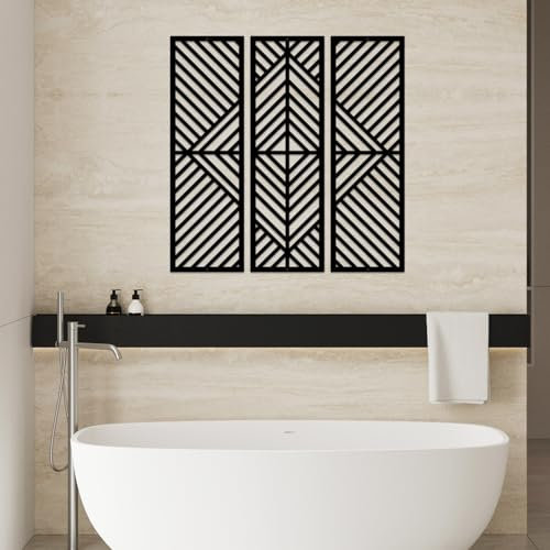 ESTART 3 Pcs Geometric Metal Wall Decor Vertical Abstract Minimalist Modern Black Wall Art Slatted Wall Hanging Sculpture for Living Room Bedroom (Small)