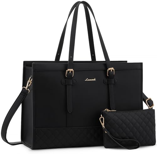 LOVEVOOK Women's 15.6 inch Laptop Tote, Waterproof PU Leather Computer Work Bag, Large Capacity Business Office Tote Black