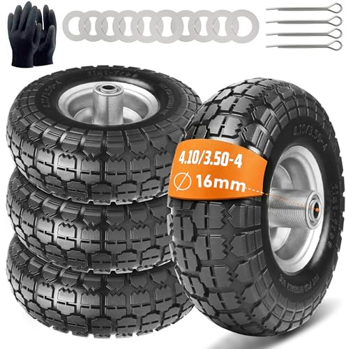 4 Stück Sackkarrenrad Räder für Sackkarre Vollgummireifen - Vollgummi Reifen 4.10 3.50-4, Bollerwagen Ersatzräder 260 x 85 mm, Rad Achse 16mm