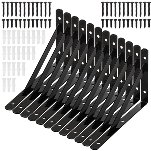 Hiceeden 12 Pack Heavy Duty Shelf Brackets, 200 x 120mm Wall Mount Steel L Shelf Bracket, Angle Brackets for Floating Shelves, Black Metal Powder-Coated