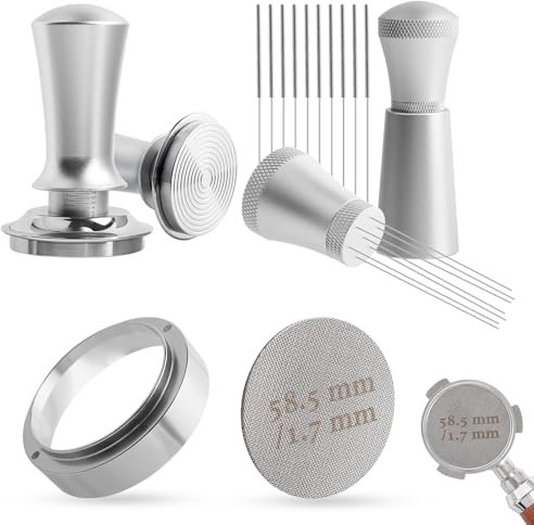 Coffee Tamper 58mm, Espresso Tamper Set with WDT Tool, 58mm Dosing Funnel, Puck Screen 58mm, Spring-Loaded Tamper Flat Stainless Steel Base Compatible with Espresso Coffee Machine