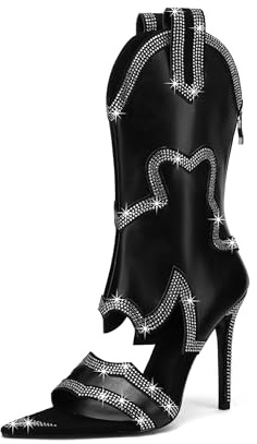 Shofrindy Open Toe Boots with Stiletto Black Short Boot Fashion Rhinestone Booties Sexy Western Boot for Women Mid-calf Boot with Sparkly Crystal High Heel Glitter Peep Toe Boot Size 9.5