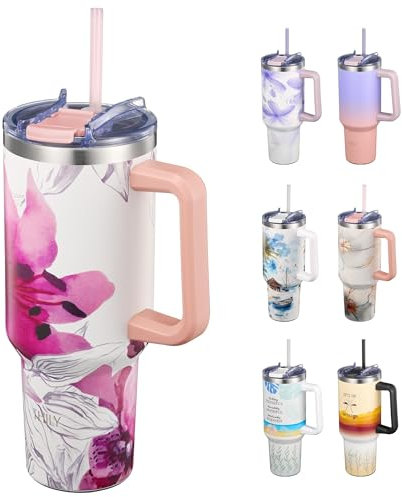 THILY Stainless Steel Insulated Travel Mug 40 oz Water Tumbler with Handle, Coffee Mug with Lid and Straws, Cupholder Friendly, Dishwasher Safe, for Outdoor, Camping, Lotus Flower