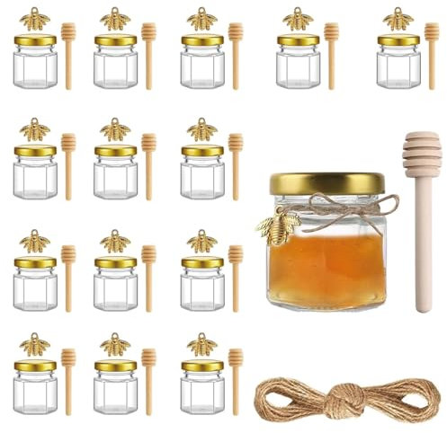 DYUEE Mini Hexagonal Honey Jars, 15 Pack 180ml Little Glass Honey Jar with Wood Dipper Gold Jutes, Pendants, Jutes, Bee Stickers, Storage Jars for Preservatives, Pickle, Jam, Crafts, Honey, Spices