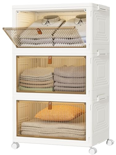 HOMIDEC Wardrobe Storage Organiser with Wheels & Magnetic Doors 22L*3 Tiers | Foldable Stackable Plastic Drawers for Wardrobe/Clothes/Toys, Dustproof Water-resistant Storage Cabinet for Bathroom/Bedroom