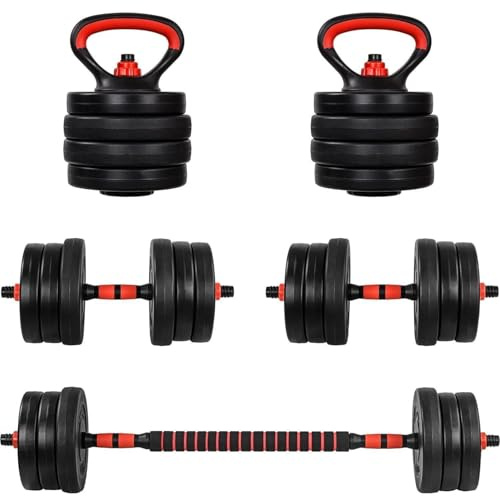 MOVIT® Hanteln Set 6in1, 20/30 kg, Verstellbar, Kunststoff, Push Up Griffe | Schwarz und Rot/Orange, mit rutschfesten Griffen und gepolstertem Langhantel-Verbinder; Dumbbell Set, Kettlebell, Kurzhanteln