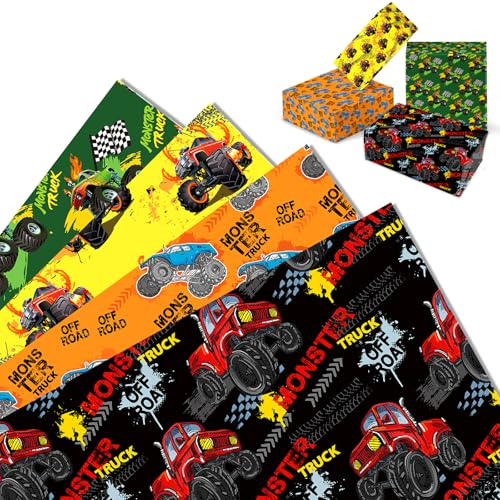 MORAINJAY 12 Bögen Monster Truck Geschenkpapier, Monster Truck Geburtstag Geschenkpapier für Jungen, Offroad Auto Party Gift Wrap, Racing Truck Geburtstagsdekorationen für Kinder, 68 x 50 cm
