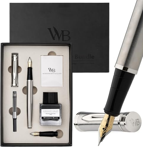 Wordsworth & Black Set di Penne Stilografiche, Pennino Medio e Extra Fine 18K Oro, Bottiglia Inchiostro Nero 25ML, 6 Cartucce, Convertitore,Confezione Regalo –[Argento Cromo],Set per Uomini e Donne.