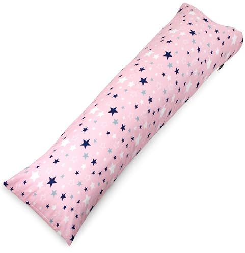 PinkZebra Seitenschläferkissen Bezug 40 x120 cm aus 100% Baumwolle, Kissenbezug für Kinder & Erwachsene, Kissenhülle mit Reißverschluss, Öko-tex Standard 100, Pink Sterne
