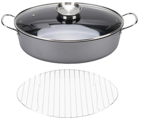 Olla de Vapor de Pescado, Acero Al Carbono Grande Oval sin Palo Stock con Estante de Vapor, Cubierta de Vidrio Hogar, Olla de Cocción de Fideos para Ebullición, a Fuego Lento