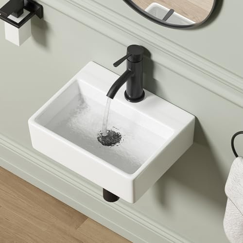 Wall Mounted Bathroom Vessel Sink, QISHKA 15 X 12 Rectangular Floating Ceramic Wash Hand Basin White Wall Hung Vanity Sink for Bathroom and Cloakroom