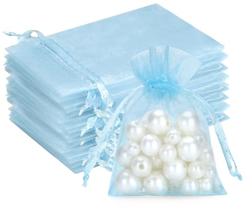 G2PLUS Lot de 50 petits sachets en organza bleu bébé - 7 x 9 cm - Petit cadeau - Sachets en organza - Avec cordon de serrage - Pour bonbons de mariage