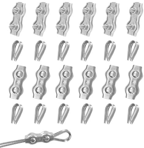pangdapengpeng 24 Pezzi Morsetto per Fune Metallica, 12 Morsetti Duplex M4 & Fune Metallica Ditale M4, Acciaio Inox 304 Clip per Fune per Cavi D'acciaio, Stendibiancheria (M4)