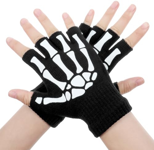 Yolev Fingerlose Skelett Handschuhe Halloween Knochen Handschuhe Gestrickte Halloween Cosplay Kostümzubehör Schwarz Leuchtende Skelett