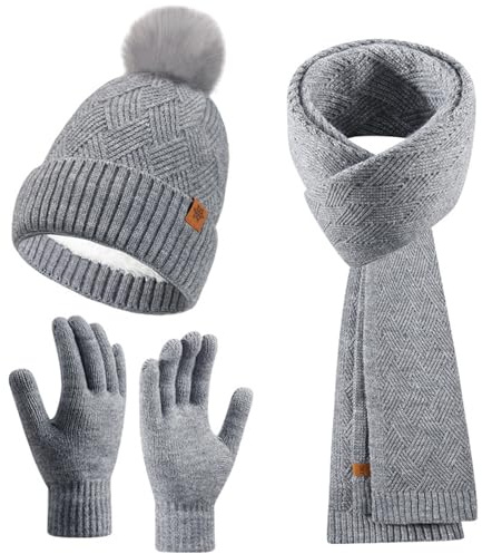 Enwokran Wintermütze Touchscreen Handschuhe Lang Schal Set mit Dick Fleece Gefütterte Thermo Strickmütze Beanie mit Bommel Schals Winterhandschuhe Strickhandschuhe (Grau)