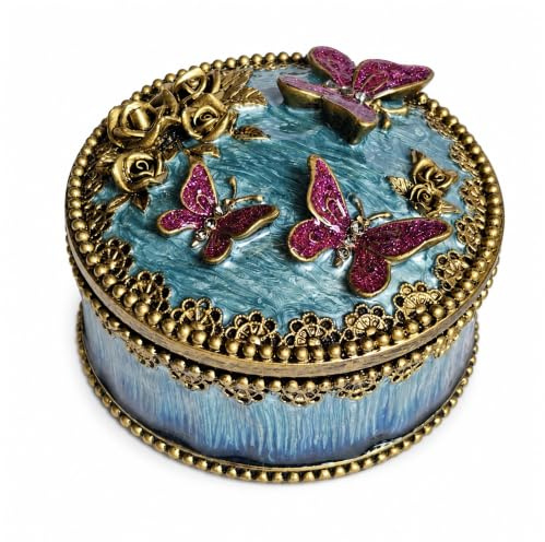 Round Butterfly Jewellery Box, Resin Trinket Storage with Floral Desig | Round resin jewellery box with purple butterflies, floral detailing and a fixed velvet-lined base for rings and keepsakes.