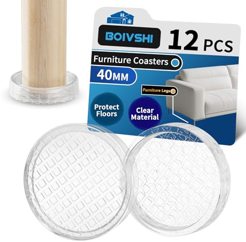 BOIVSHI Ø40mm Carpet Protector Cups, Trasnparent Furniture Coaster, Clear Castor Cups, Sofa Leg Floor Protectors 12PCS