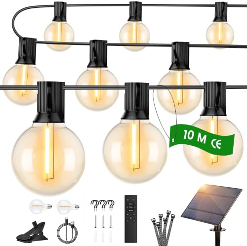 OHLUX 10M Solar Lichterkette Outdoor, Festonslichter mit Fernbedienung, 17 Unzerbrechliche G40 LED Lampen, IP65 Wasserdicht, 2200K Warmweiß, Balkon Lichterkette für Garten, Pavillon