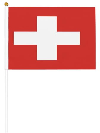 Mini banderas de bandera suiza, banderas pequeñas duraderas de 5.5 x 8.2 pulgadas en palos para exterior, patio y jardín, paquete de 6 y 10 unidades