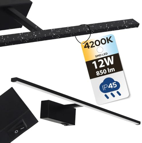 LED Spiegelleuchte für Bad – Wasserdicht Badezimmer Lampe Schwarz | über dem Spiegel/Bild 55,5cm mit Schalter – 12W 850lm 4200K Neutralweiß – Wandleuchte Badlampe IP45 – Horoz