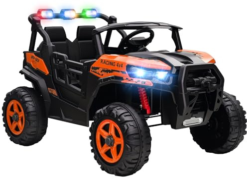 AIYAPLAY 24V Electric Ride on Car, 2-Seater Electric Car for Kids with Remote Control, Light, Bluetooth, Soft Start, Suspension Spring, 2 Motors Children Ride on Toy UTV Truck, Orange