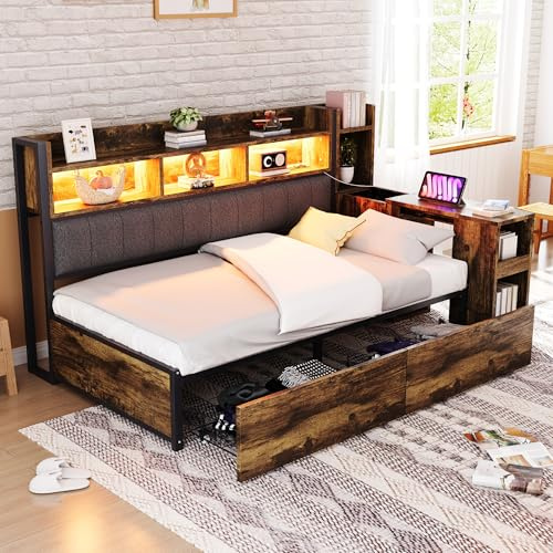 Wiuzo Eisen Sofabett 90x200 cm, Mit vielseitigen Staufächern & Schließfächern, Steckdosen & LED-Beleuchtung, komplett mit großen Schubladen und einem ausziehbaren Schreibtisch (Holzfarbe)